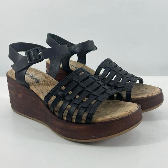 Korks Kork-Ease Marley Black Faux Leather Wedge Sandals Size 7 - Picture 1 of 7